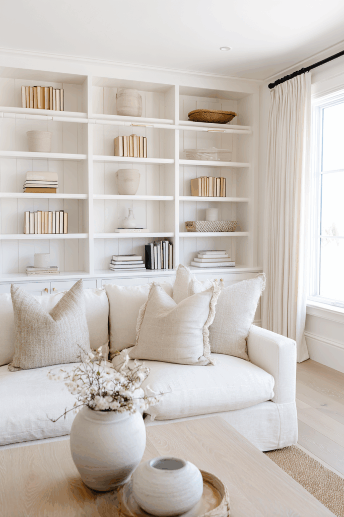 bright living room with floor-to-ceiling built-in bookshelves in warm white