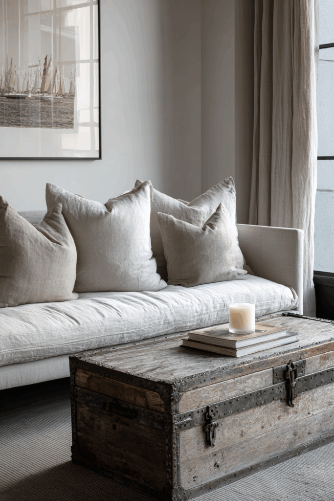 sleek linen sofa paired with a weathered antique trunk as coffee table