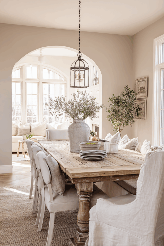 sunlit living room with a rustic farmhouse dining table