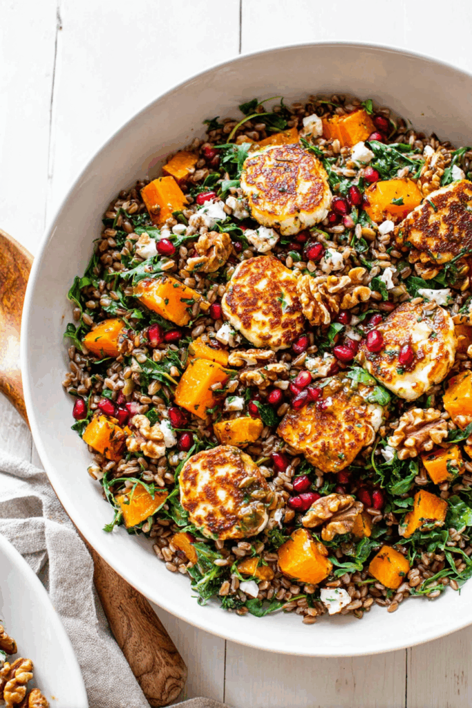 salad with farro, roasted butternut squash, crispy halloumi, and pomegranate seeds in a rustic ceramic bowl