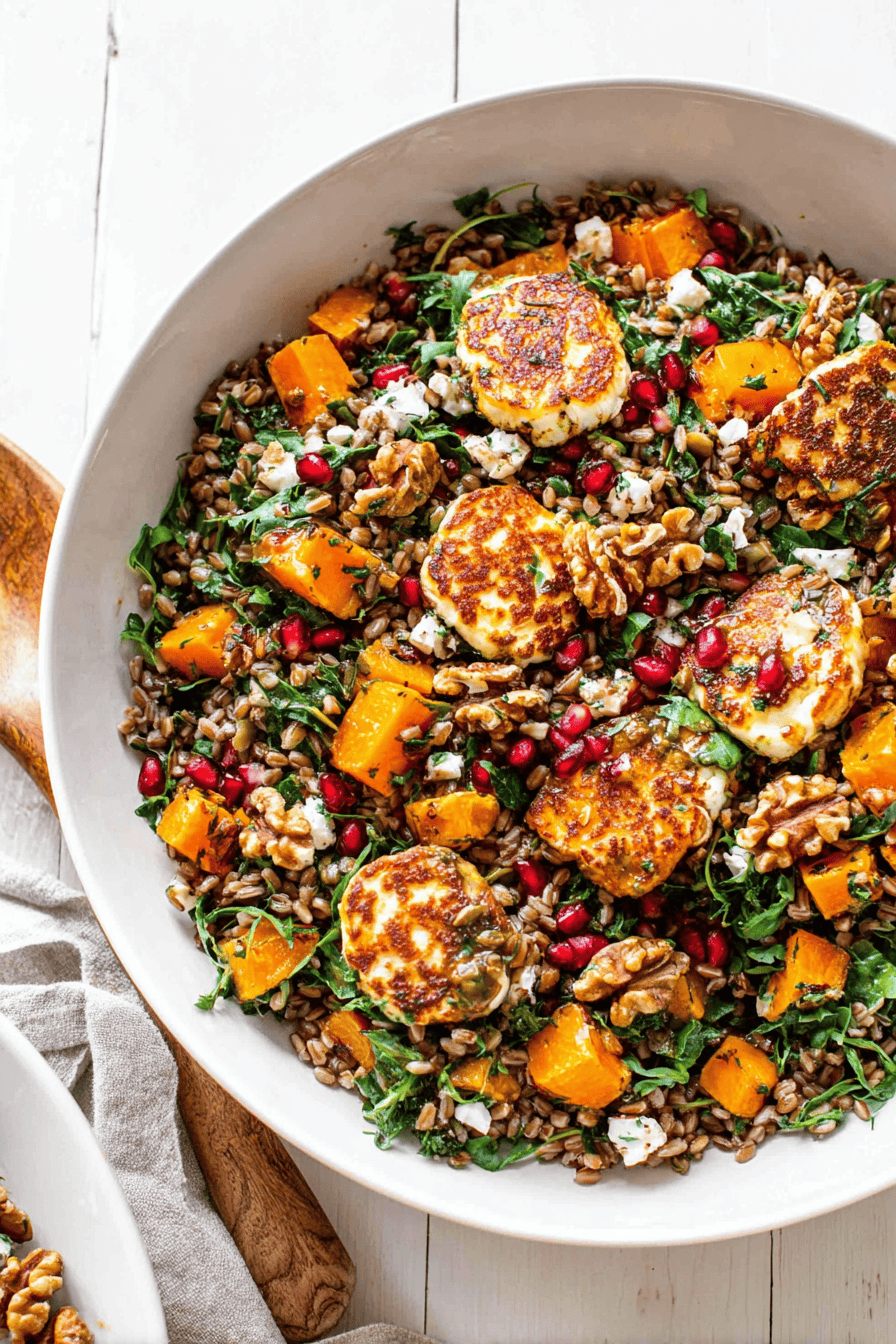 A cozy fall salad with farro, roasted butternut squash, crispy halloumi, and pomegranate seeds in a rustic ceramic bowl