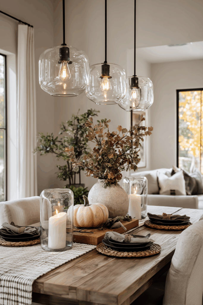 modern farmhouse dining area with glass pendant lights over wooden table