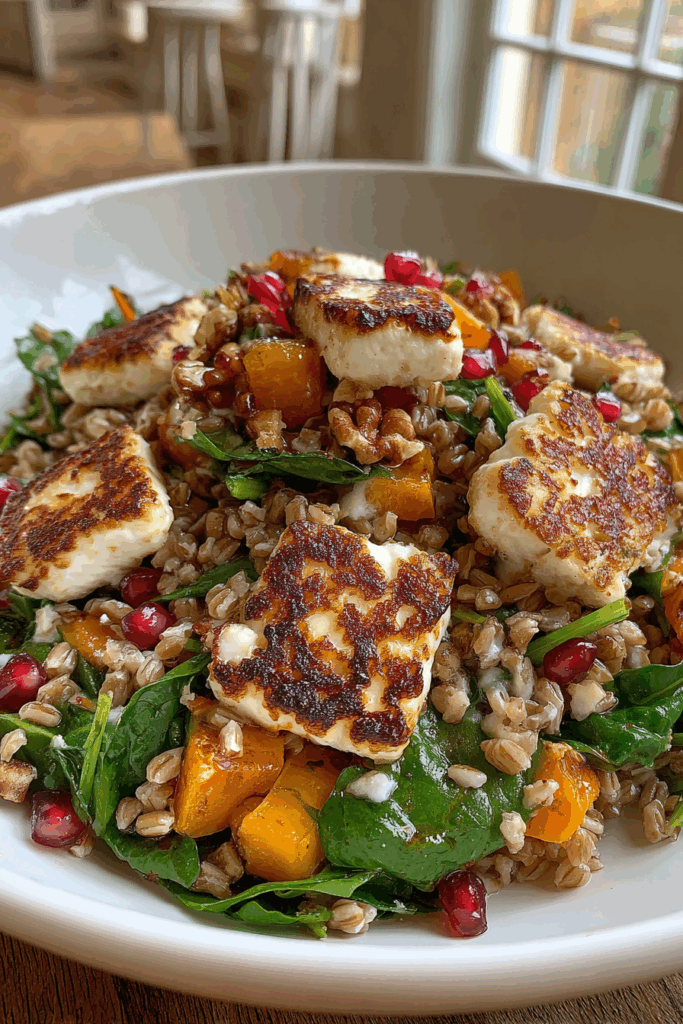 A cozy fall salad with farro, roasted butternut squash, crispy halloumi, and pomegranate seeds in a rustic ceramic bowl