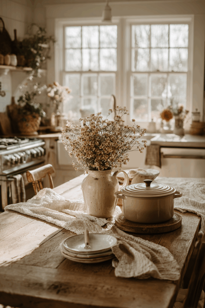 Cozy autumn kitchen scene with warm light