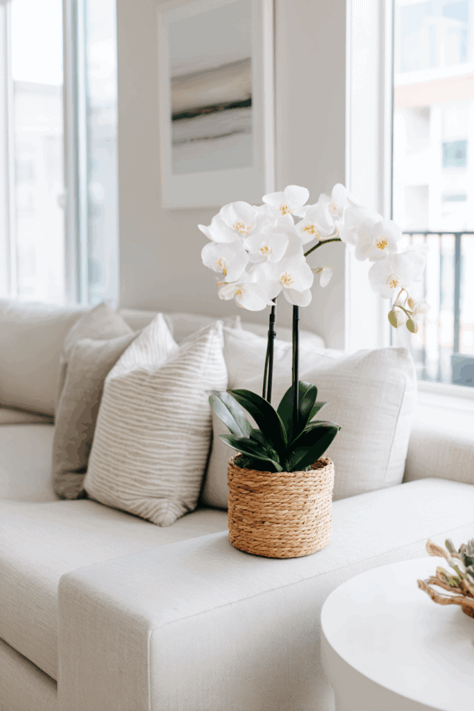 Minimal living room corner featuring a tall Phalaenopsis orchid on a small table, neutral interior