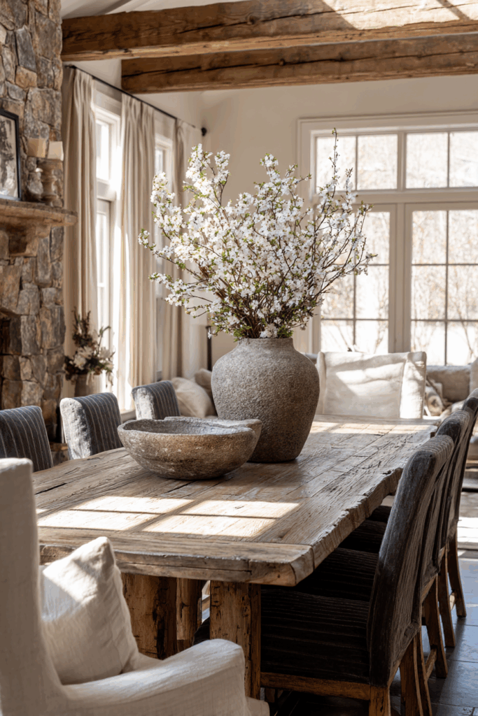 rustic dining table with flowers