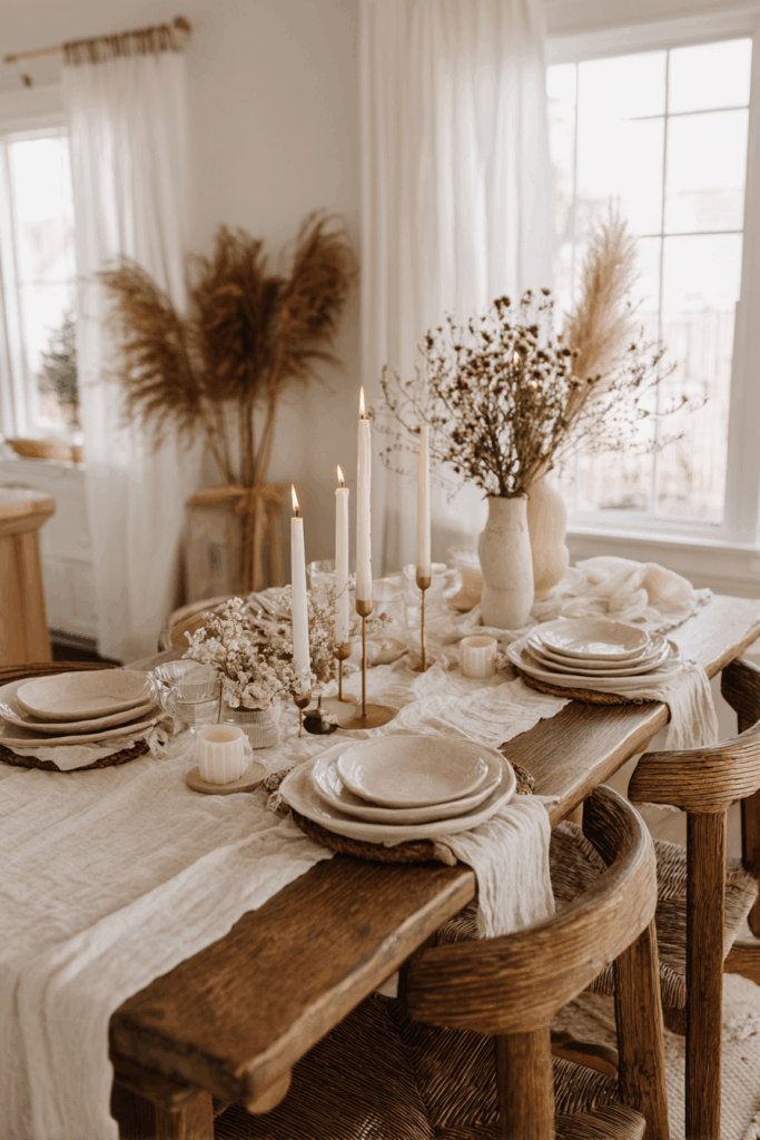 candlelit dinner table with neutral linens and simple decor