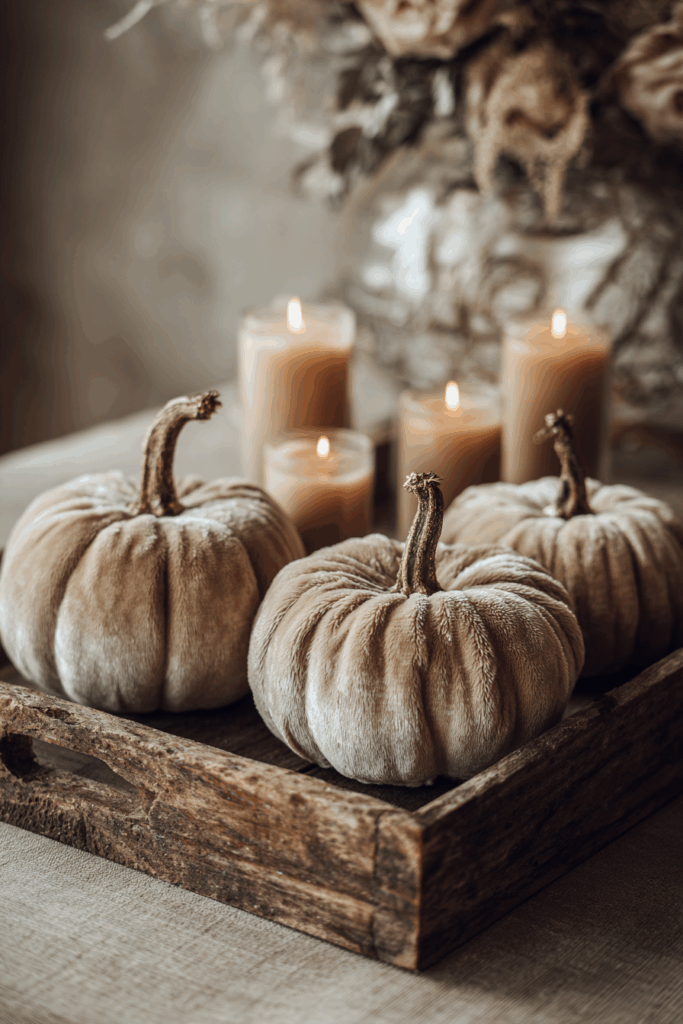 Velvet pumpkins styled on cozy living room coffee table with beige accents.