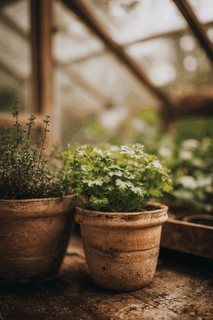 close-up of fresh basil and rosemary growing in terracotta pots on wooden greenhouse shelf