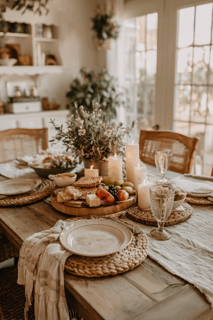 cozy dining room with candles and food spread for potluck gathering
