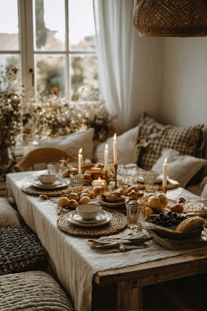 candlelit dinner table with neutral linens and simple decor