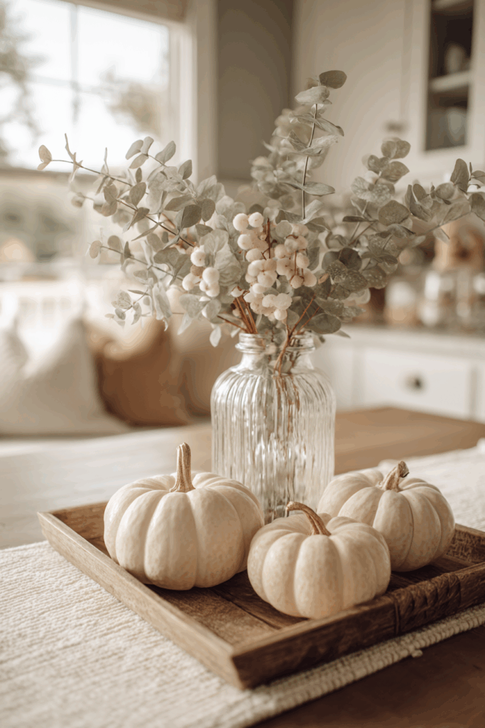 cozy fall centerpiece with mini pumpkins and eucalyptus