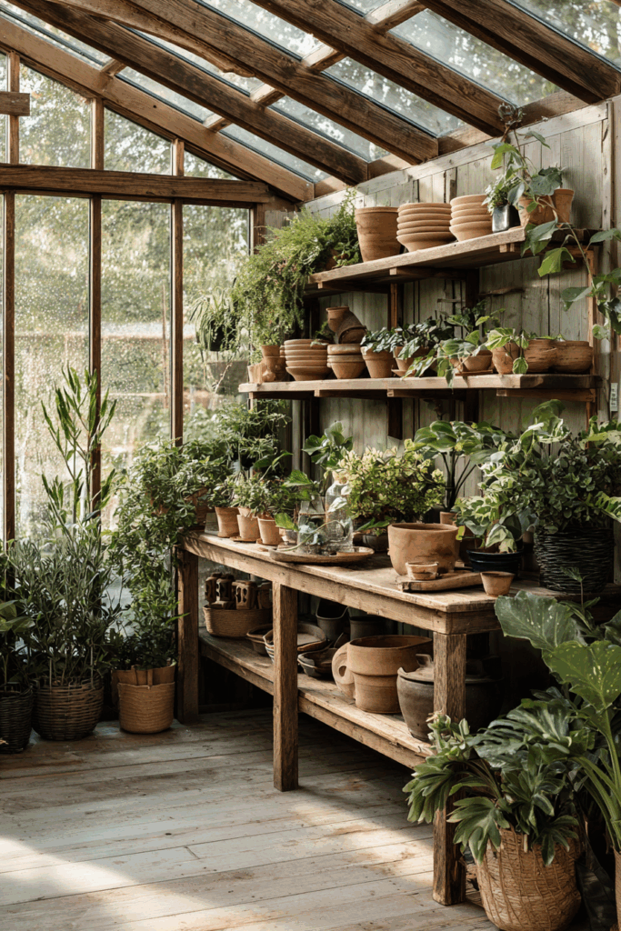 cozy greenhouse with rustic wooden shelves, clay pots