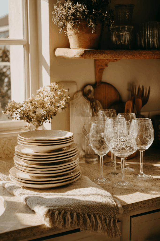 kitchen cleanup scene with stacked plates and wine glasses