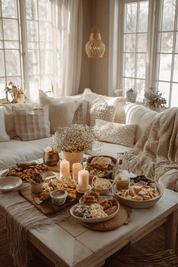 cozy living room with a table full of shared dishes