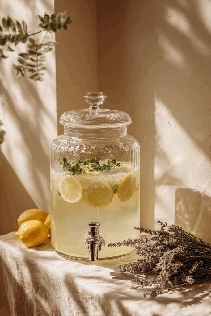 large glass drink dispenser with sparkling lemonade and herbs