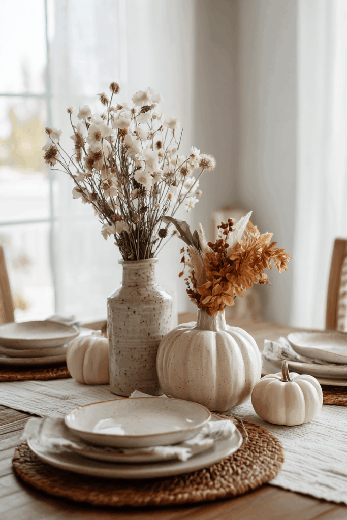 Neutral pumpkin decoration idea with dried flowers