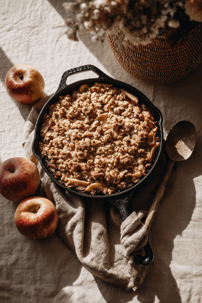overhead shot of apple crisp in a cast iron skillet with rustic spoon