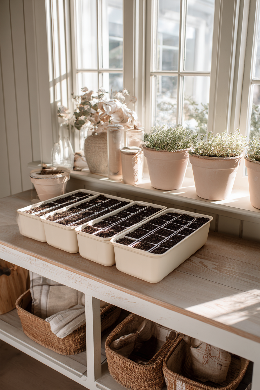 potting bench setup with seedling trays, neat storage bins