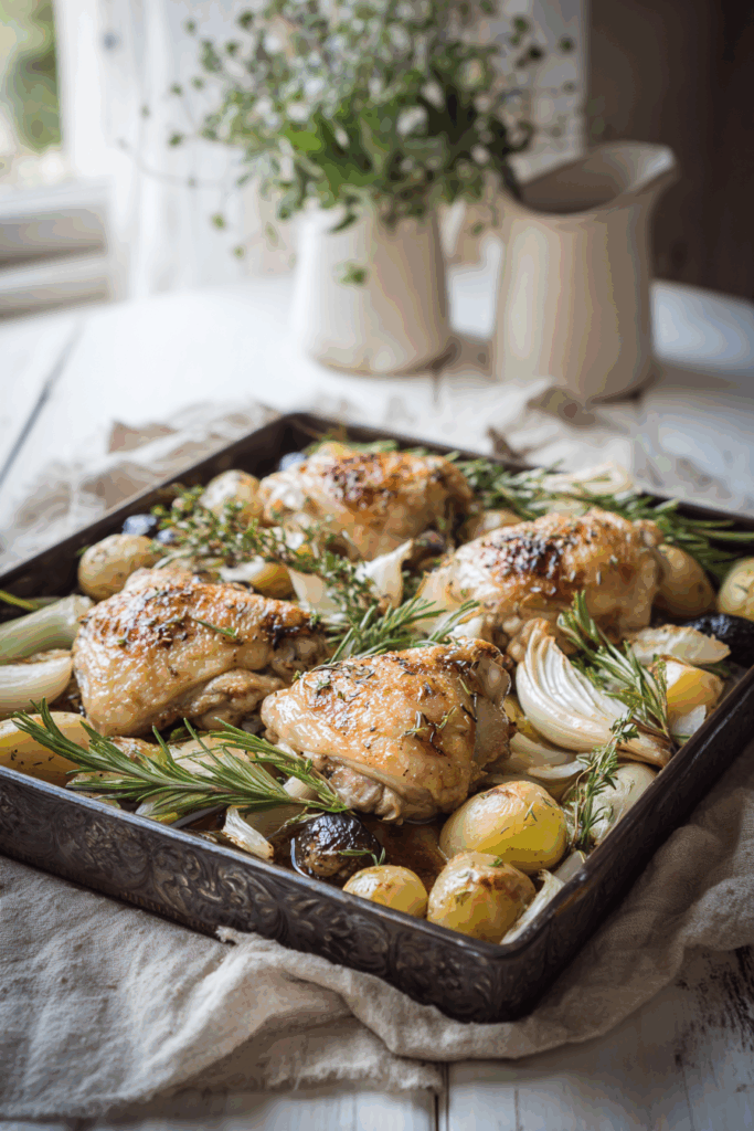rustic tray with herb roasted chicken thighs and vegetables