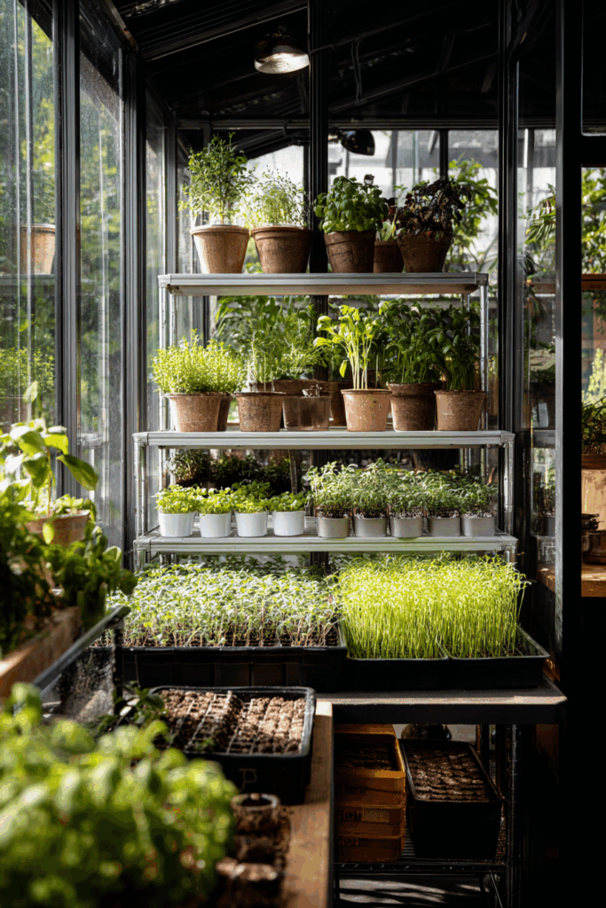 small urban greenhouse filled with herbs and seedlings in neat rows, clean layout