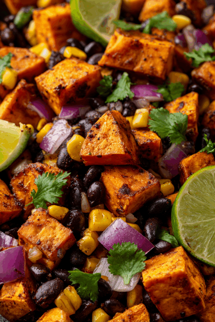 Close-up of roasted sweet potato salad with black beans and lime dressing.
