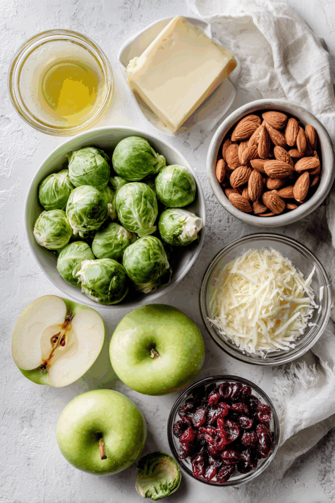 Ingredients for Brussels sprouts salad laid out on a table.