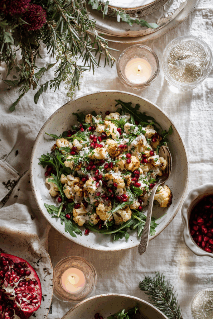 Overhead photo of roasted cauliflower tahini salad on a white holiday table with candles and greenery.
