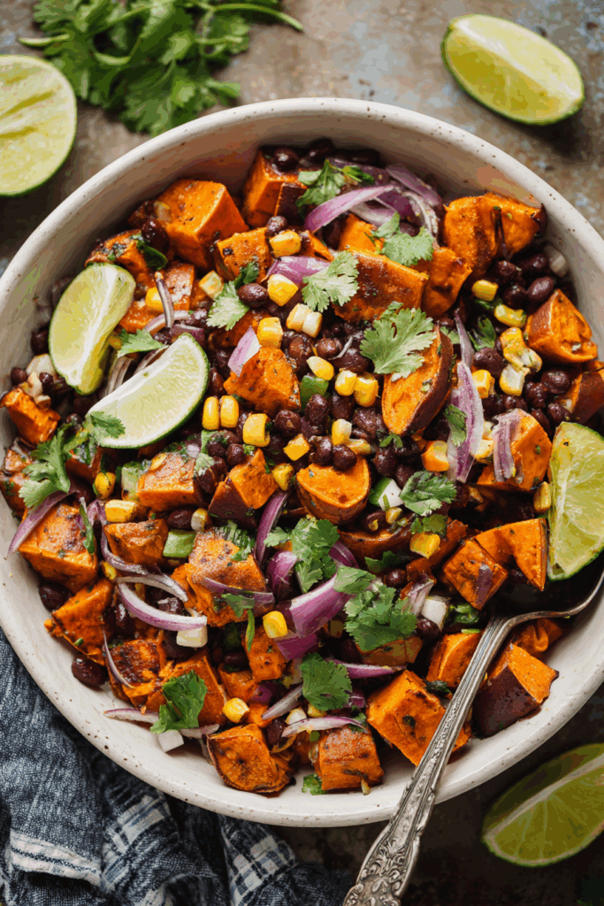 Roasted sweet potato and black bean salad with corn and lime in a white bowl.