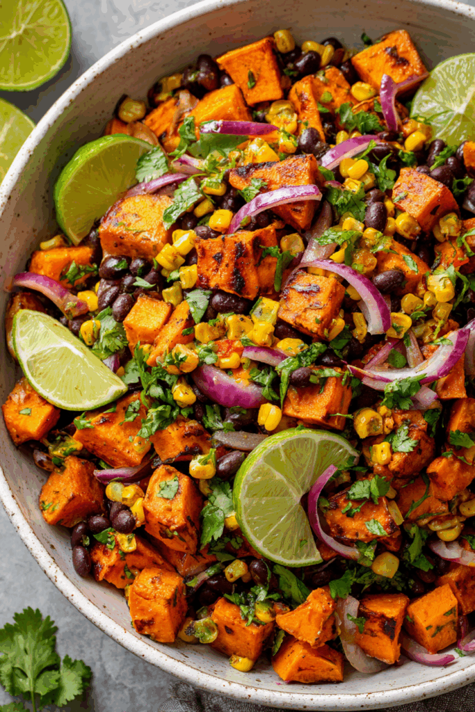 Roasted sweet potato and black bean salad with corn and lime in a white bowl.