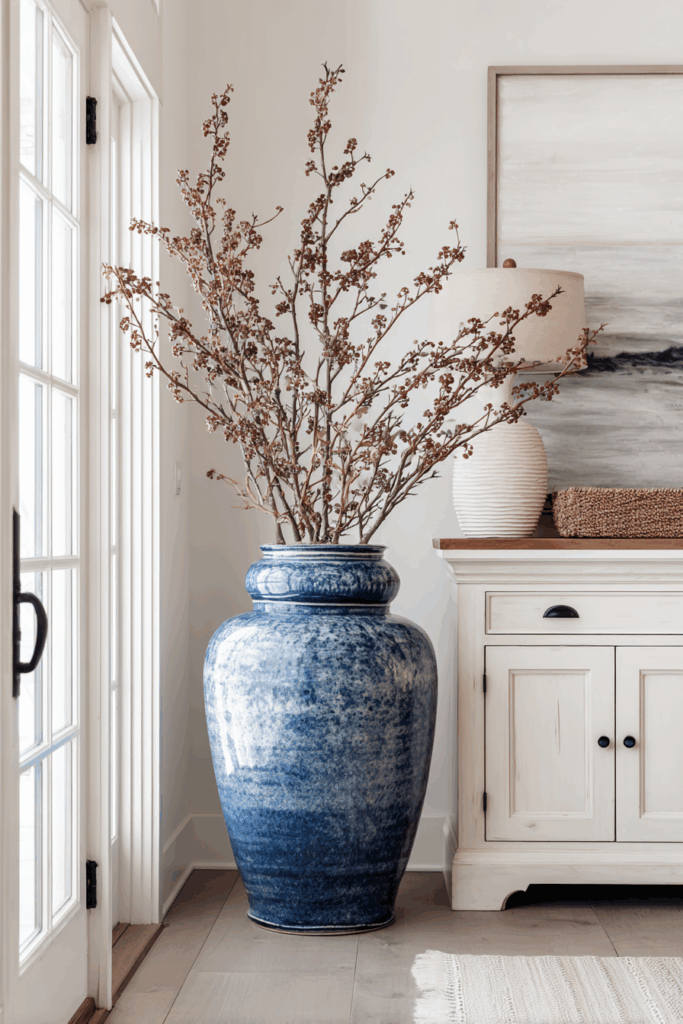 farmhouse entryway, dusty blue ceramic vase, tall autumn branches