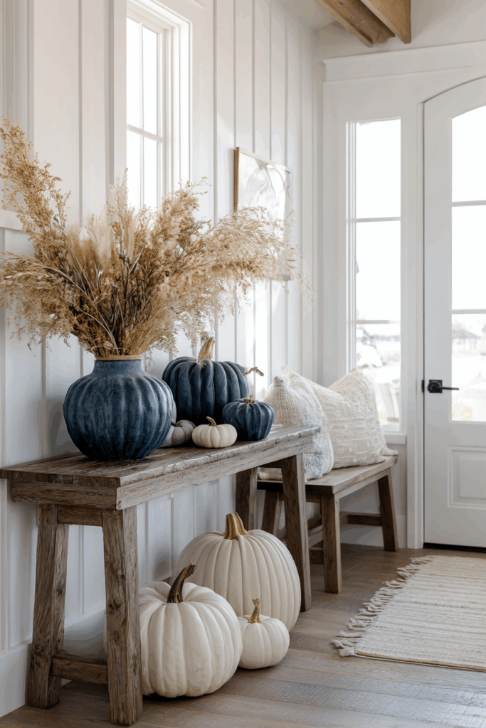 navy painted pumpkins, dried wheat in ceramic vase