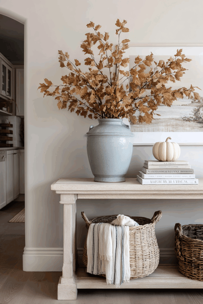 farmhouse entryway, dusty blue ceramic vase, tall autumn branches