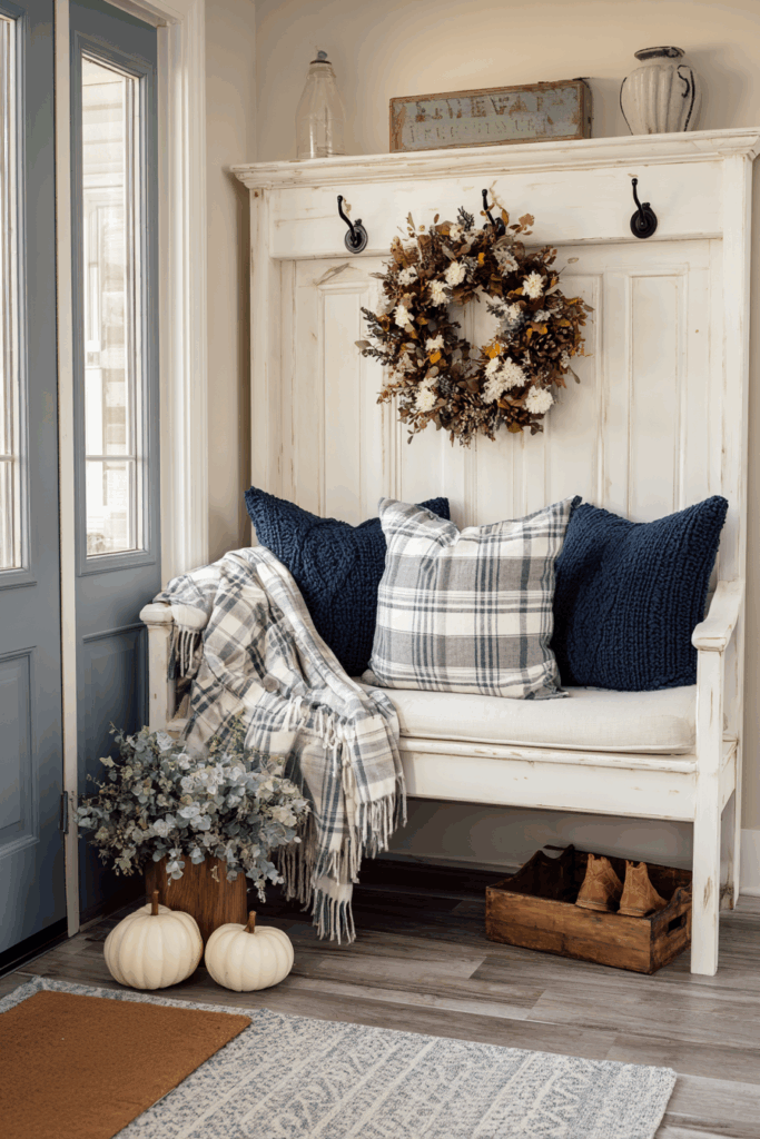 Farmhouse Bench with Blue Throw Pillows and Fall Decorations