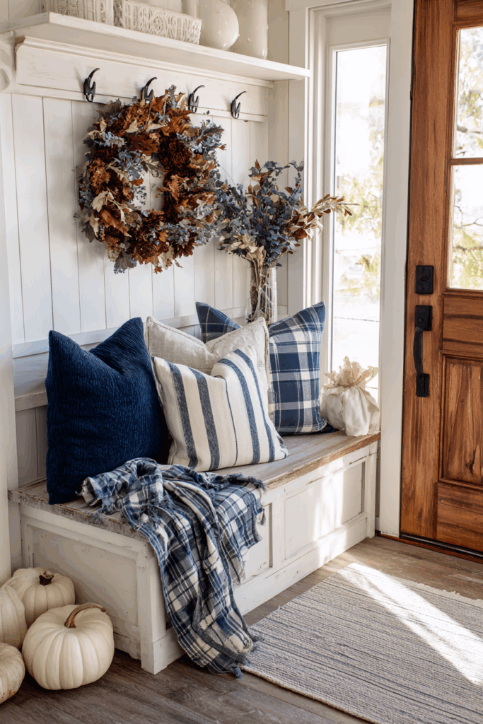 Farmhouse Bench with Blue Throw Pillows and Autumn Decorations
