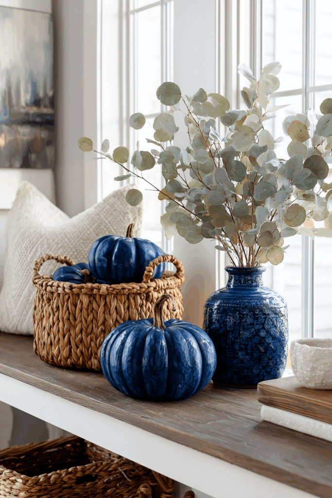 entryway with rustic wooden console, navy painted pumpkins, dried wheat in ceramic vase