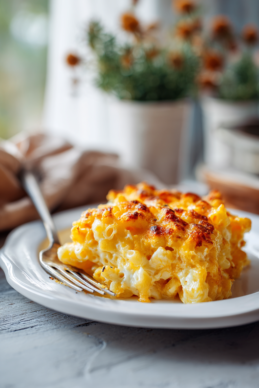 Close up of a spoon scooping creamy baked mac and cheese, showing gooey melted cheese and pasta