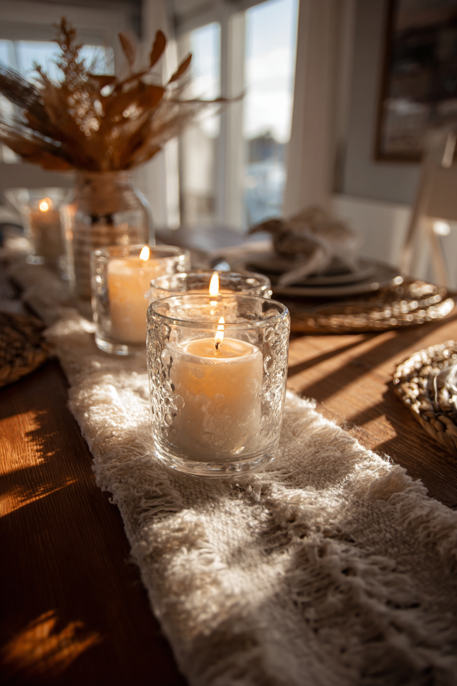 Close up of Thanksgiving table candles in glass holders, soft cozy atmosphere, natural daylight