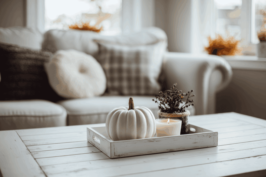 Compact living room coffee table with a simplified version of the shelf vignette, one small pumpkin, a candle, subtle dark accent