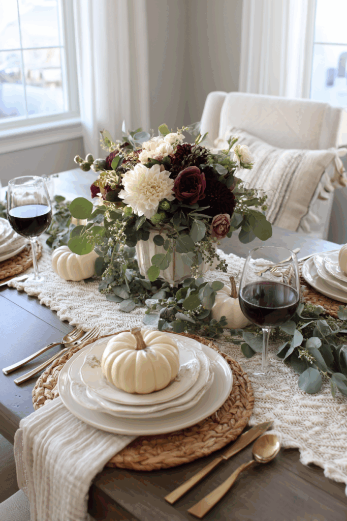 Neutral Thanksgiving table with cream and green accents, burgundy flowers centerpiece