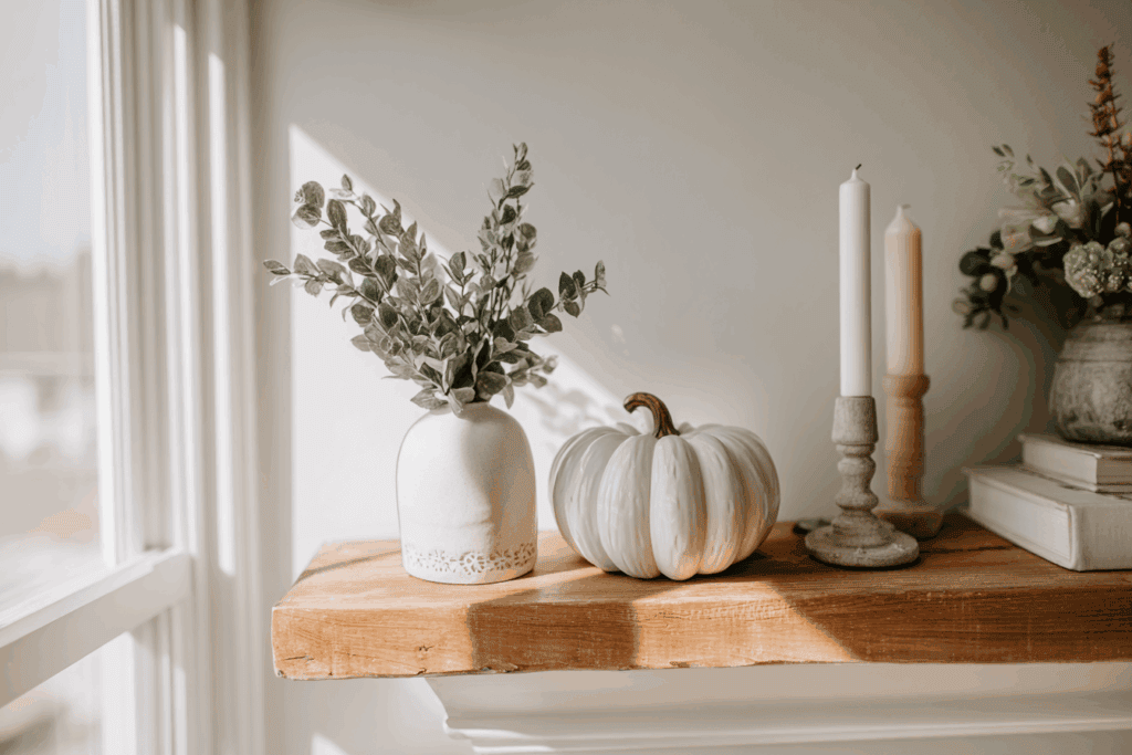 Small apartment shelf styled with a simple Halloween vignette, minimal objects such as a ceramic pumpkin a small taper trio and greenery