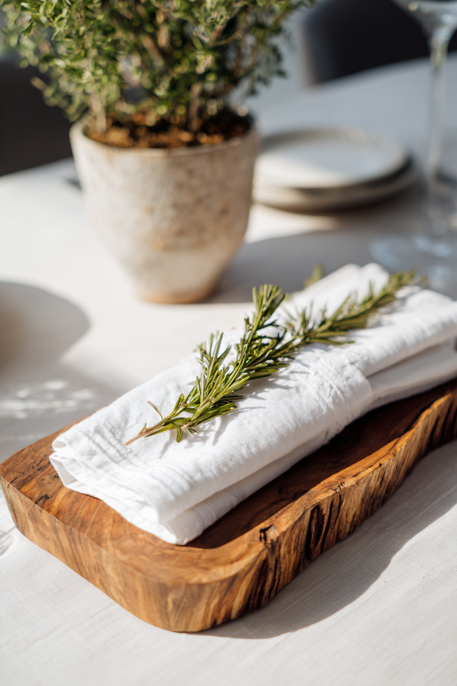 Minimalist Thanksgiving table setting with white napkins, white plates, greenery runner
