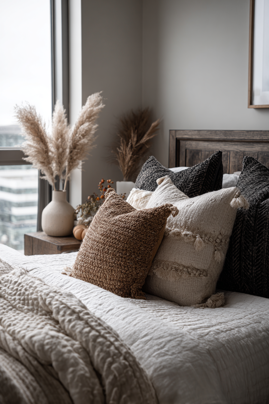 bedroom corner decorated with cozy textures and subtle Halloween decor