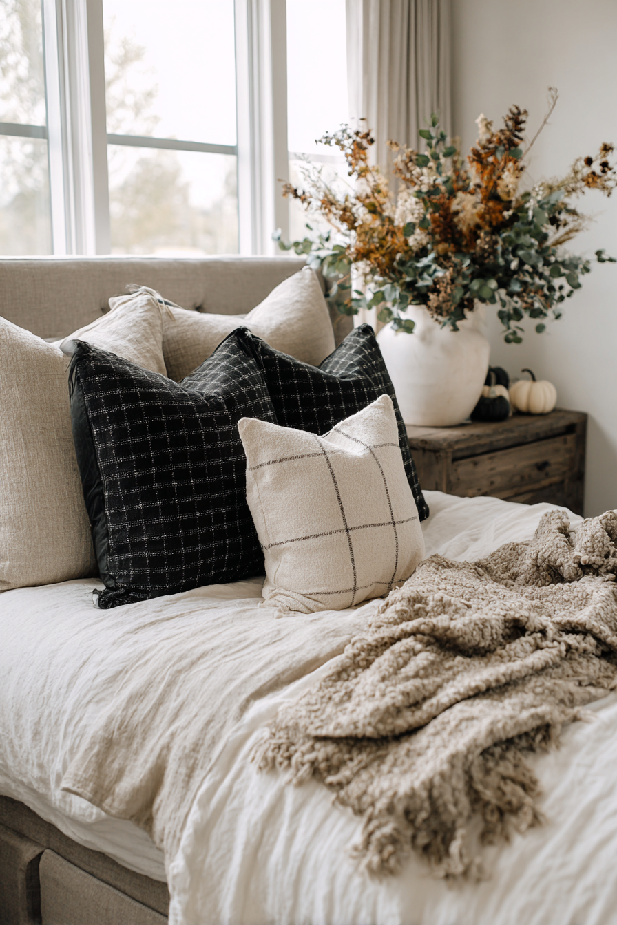 bedroom corner decorated with cozy textures and subtle Halloween decor