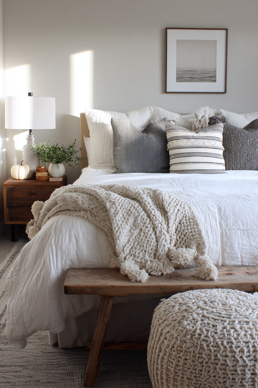 bedroom corner decorated with cozy textures and subtle Halloween decor