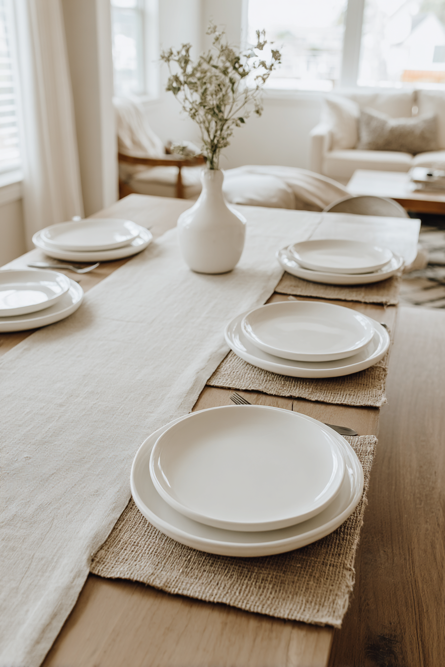 close up of clean white plate setting with linen napkin