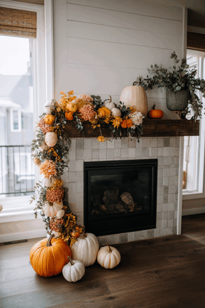 modern fireplace with Halloween garland and autumn colors