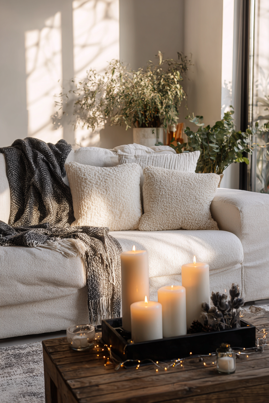 modern living room corner lit with candles and string lights