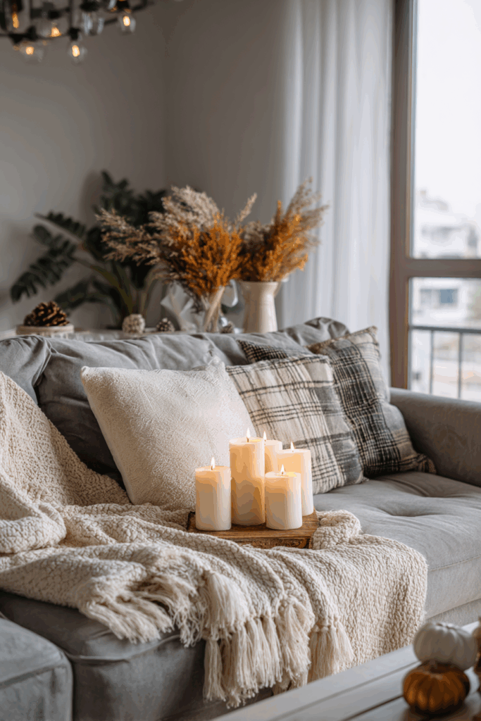 modern living room corner lit with candles and string lights