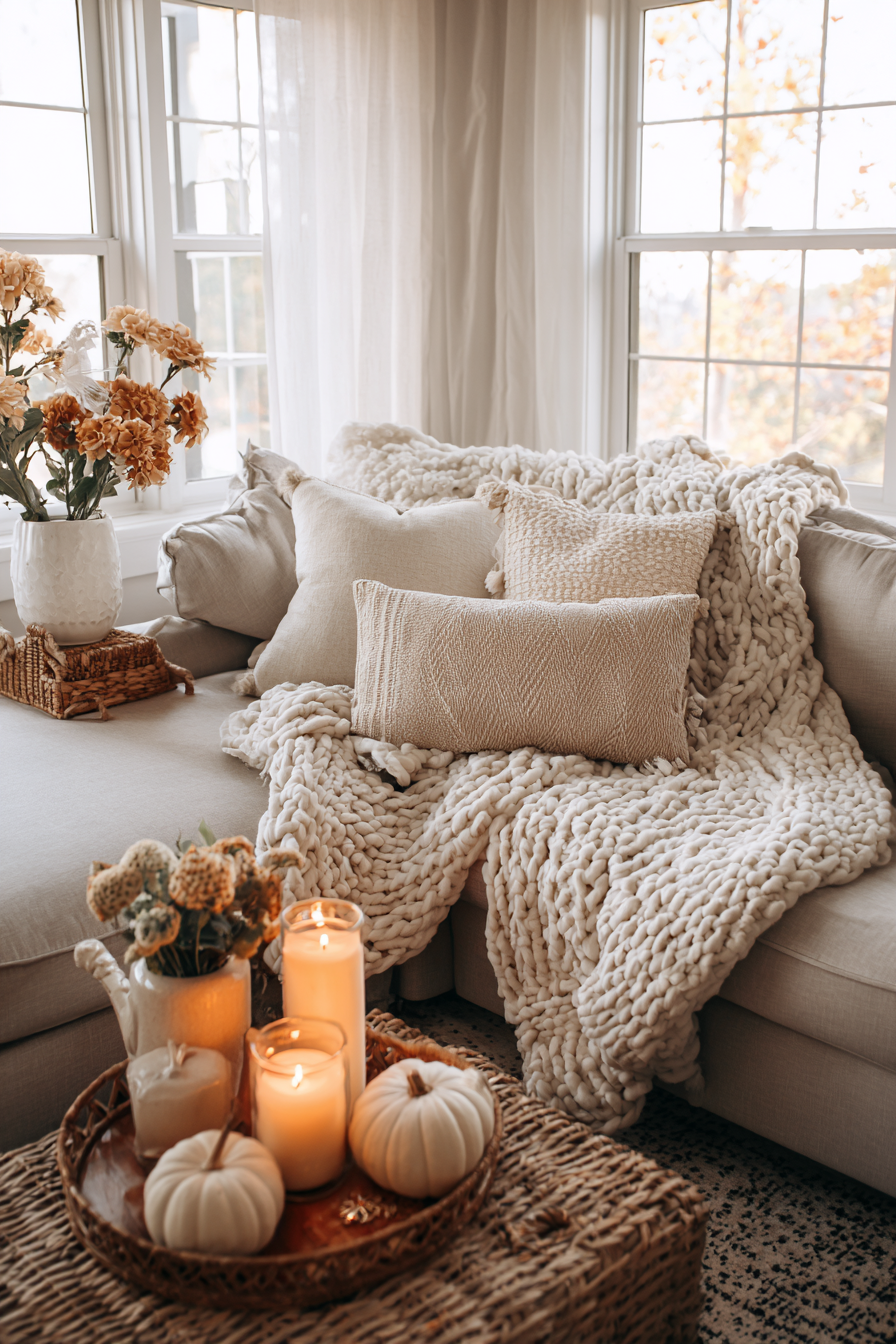 modern living room corner lit with candles and string lights